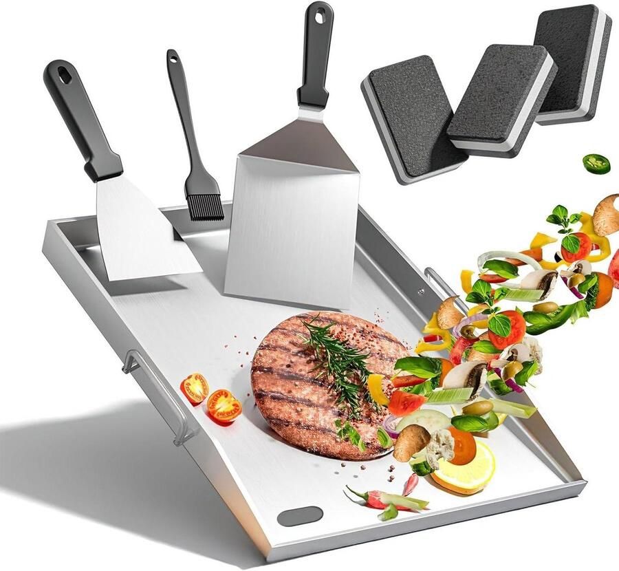 Grillplaat Set Bakplaat Plancha Buiten Koken Olieafvoer Goot 40 x 30 cm Zilver