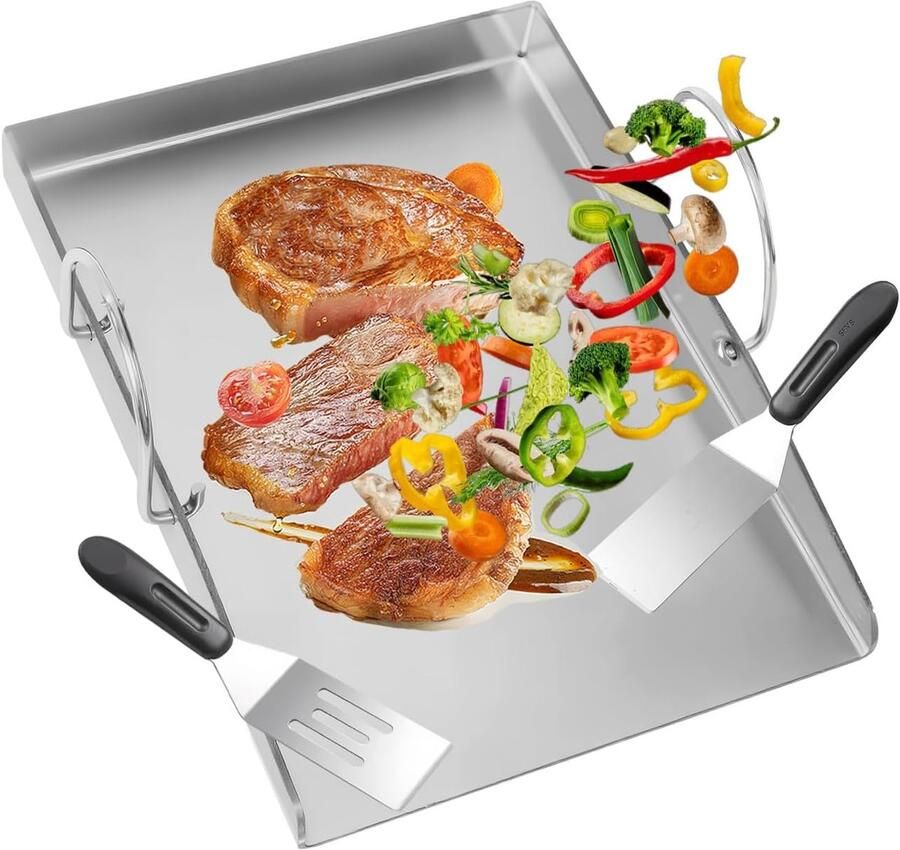 Grillplaat Set Bakplaat Plancha Buiten Koken Vetmanagement Ontwerp 45 x 30 cm Zilver