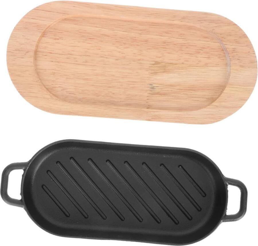 Grillplaat Set Koekenpan Serveerplaat Gezellig Eten Gietijzer Non-stick 26 cm Lengte Zwart
