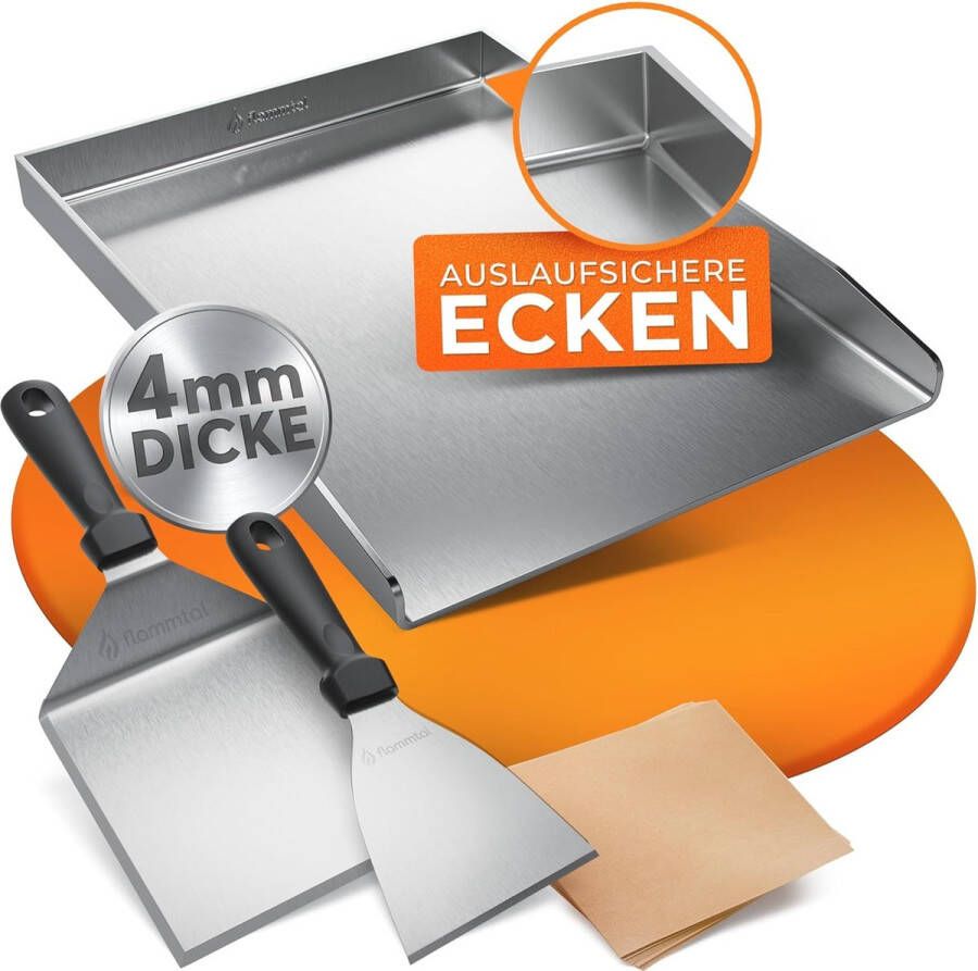 Grillplaat van 4 mm roestvrij staal 40 x 30 cm Plancha met spatel set en burgerpapier Lekvrije grillplaat voor gasgrill