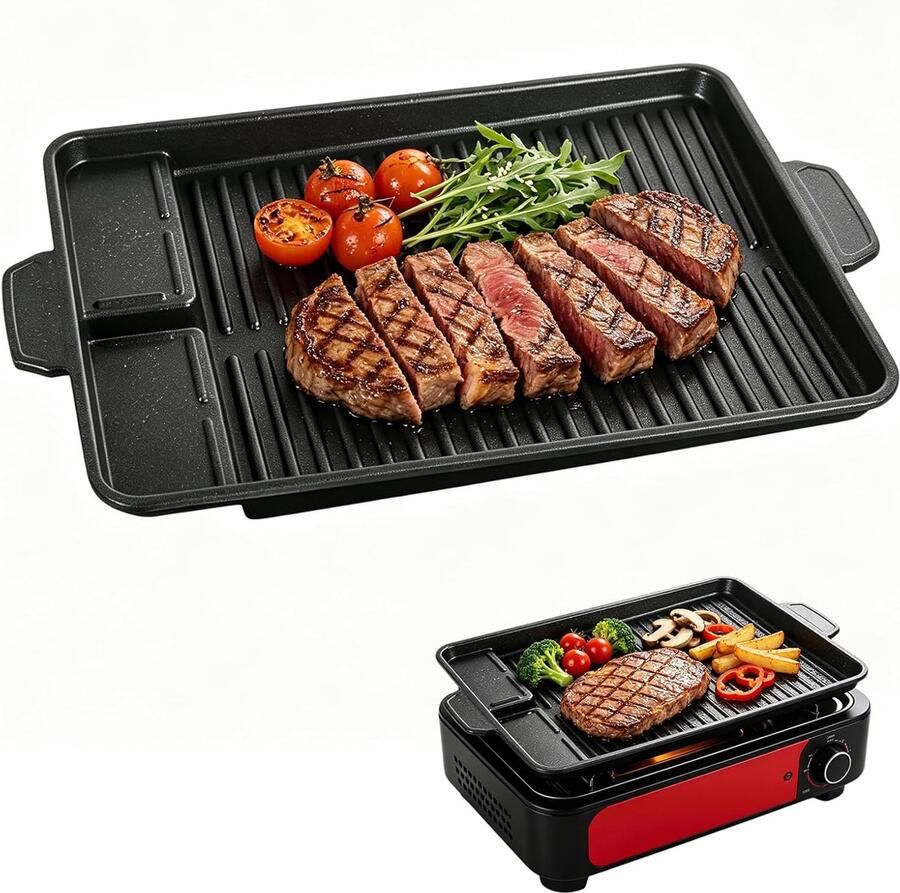 Grillplaat voor gasgrill en fornuis 37 x 26 cm rechthoekige grillpan met antiaanbaklaag voor gasfornuis en campingfornuis BBQ-grillplaat voor inductie gas keramiek en outdoor camping