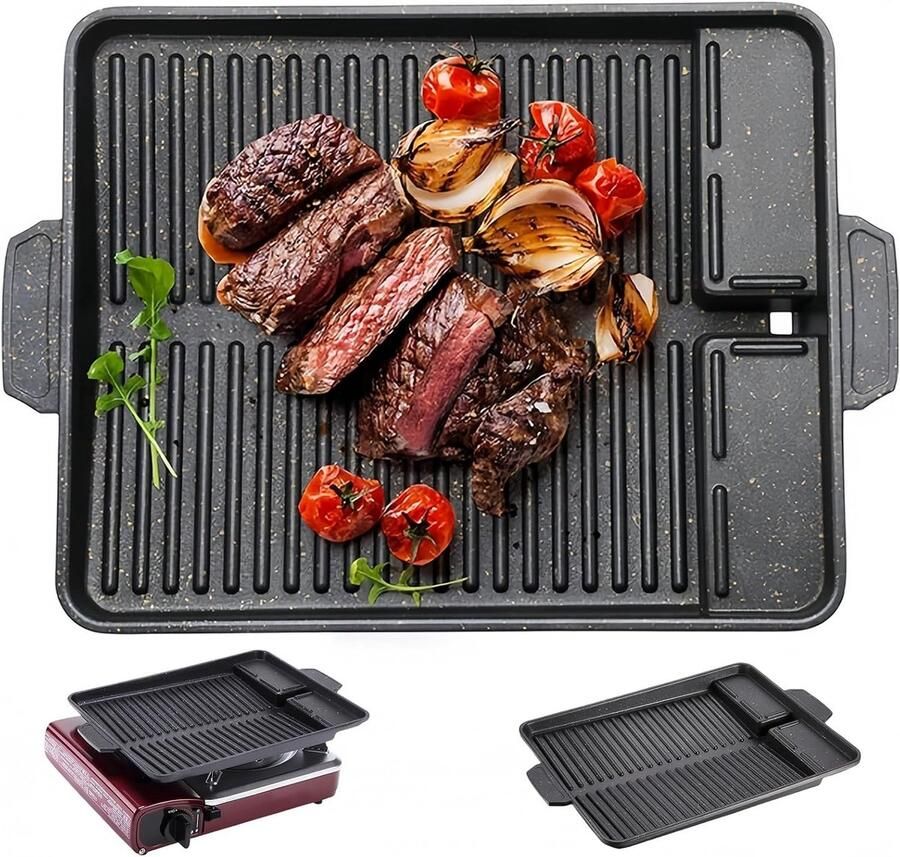 Grillplaat voor Inductie Zwart 32 x 26 cm Gietijzeren Grillplaat met Antiaanbaklaag Voor Kamperen en Barbecueën
