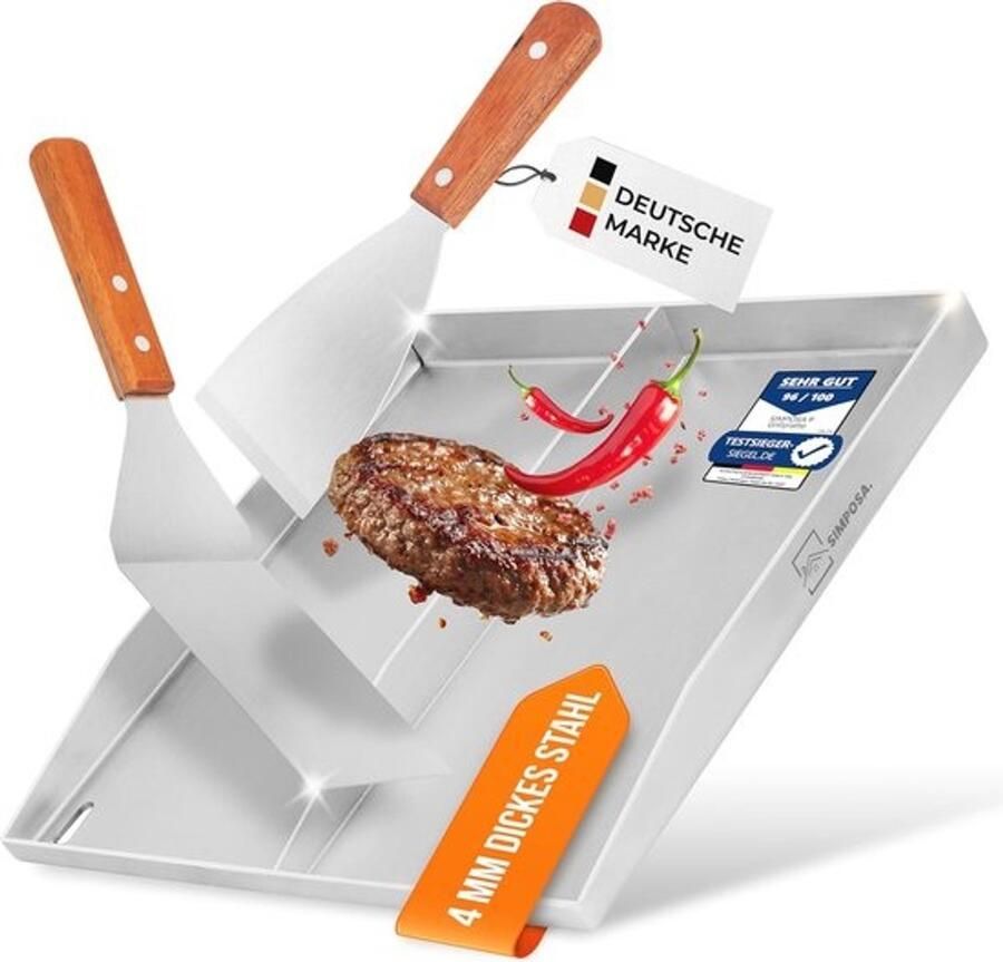 Grillplaat plancha van massief roestvrij staal 40 x 40 x 4 cm inclusief grillspatels met houten handvat