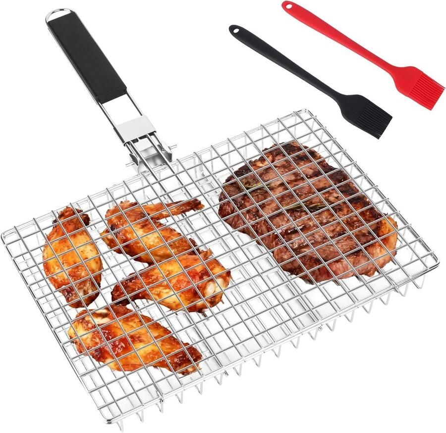 Grillrek Grillmand Vismand Barbecue Koken Opvouwbaar Afneembare Handgreep 33 x 28.8 x 4.9 cm Zilver