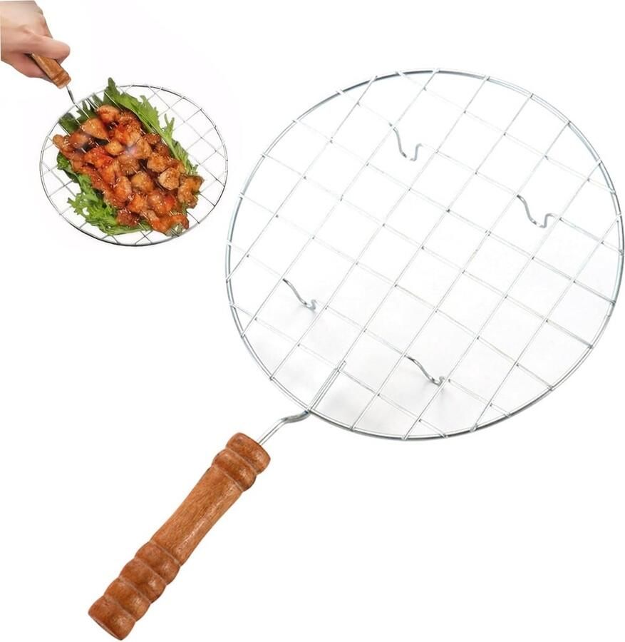 Grillrek Voedselmand BBQ Buiten koken Hittebestendig handvat 19 cm rond Met houten handvat