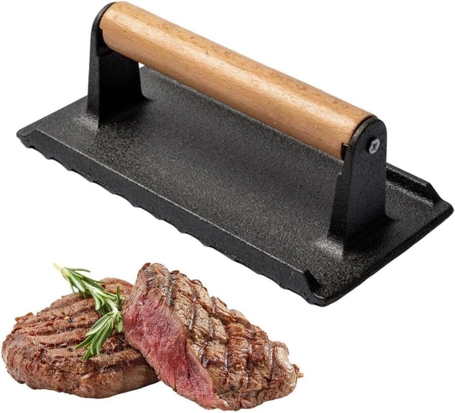 Grillrooster Gietijzer Steak Gewicht Vlees Bereiden Hittebestendige Handgreep 20 x 10.5 cm Zwart