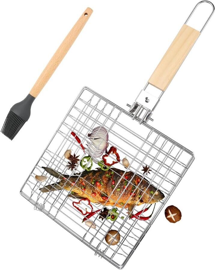Grillrooster Inklapbaar Grillmand Staal Buiten Koken Houten Handvat 47 x 23 cm Zilver