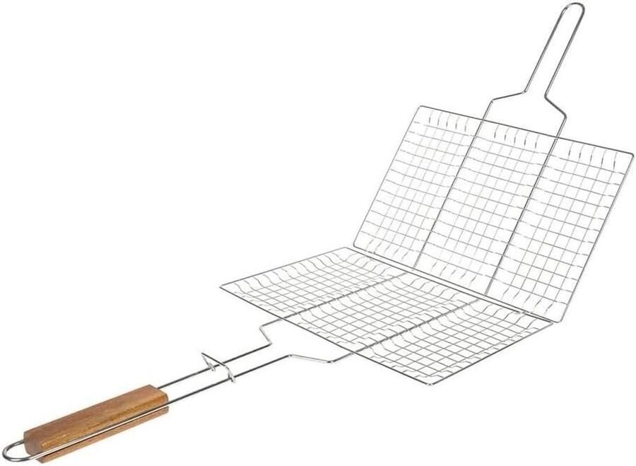 Grillrooster rechthoekig 34 x 22 cm van verchroomd staal met houten handvat perfect voor meesterlijk grillen