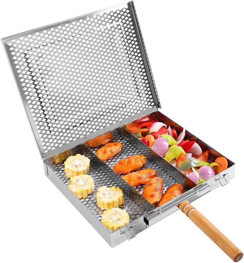 Grillrooster Rechthoekig Barbecue Pan Buiten Koken Antislip Handgreep 25.5 x 30.5 x 4 cm Zilver