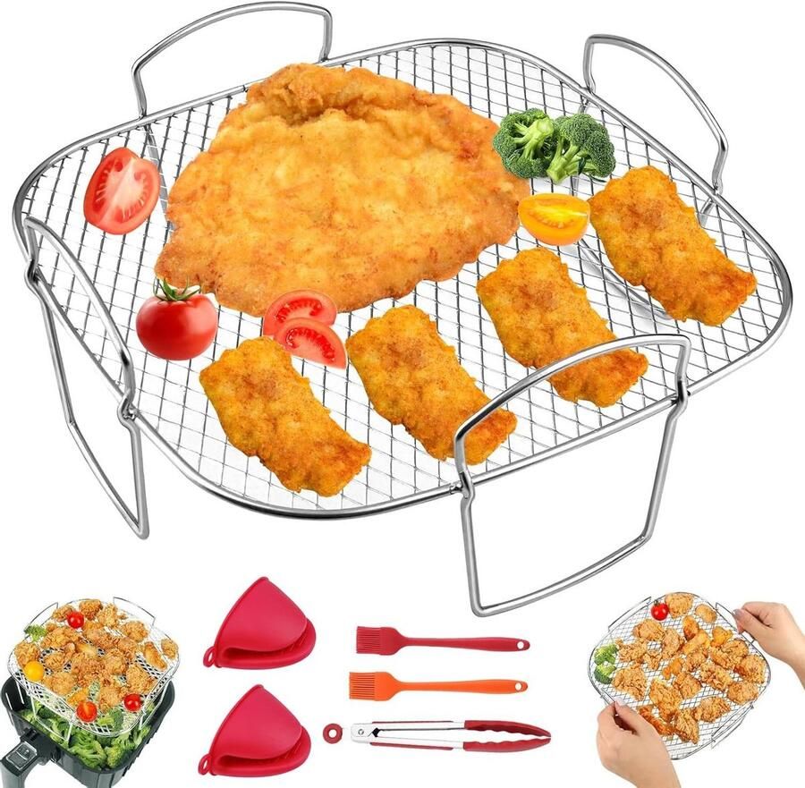 Grillrooster Set Airfryer Mand RVS Koken en Bakken Voedselveilig RVS 304 21x21x9.3 cm Zilver
