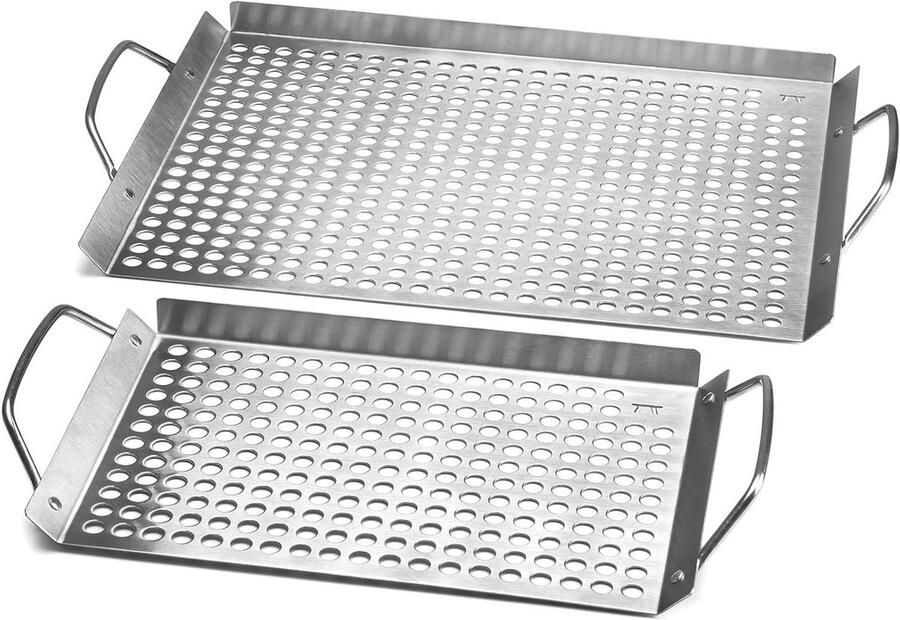 Grillrooster Set Barbecue Plaat Koken Buiten Perforatie Ontwerp 2 Maten Zilverkleurig