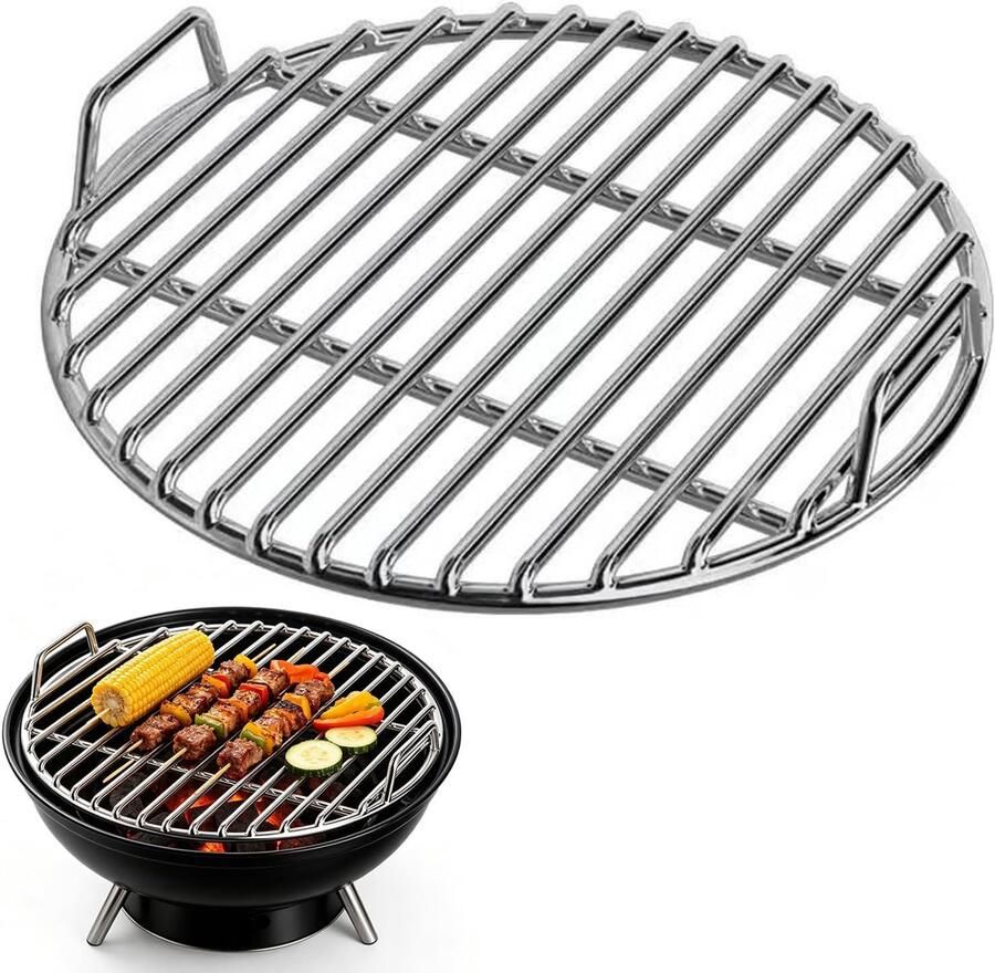 Grillrooster van roestvrij staal rond BBQ grillrooster met handvat voor camping en tuin bakplaat voor kogelbarbecue houtskoolbarbecue robuust grillrooster draagbare grillaccessoires eenvoudige