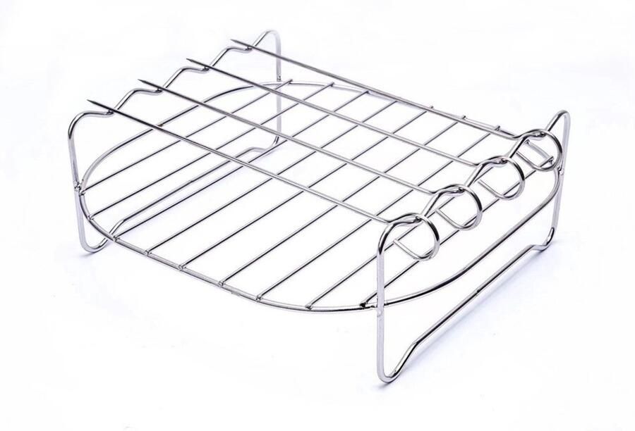 Grillrooster van roestvrij staal voor airfryer Grillrooster voor thuis Grillrooster als accessoire voor airfryer Rond grillrooster met 4 spiesjes Zilver