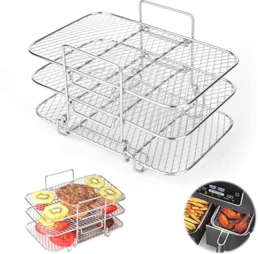 Grillrooster voor airfryer Drielaags Roestvrij Staal Roosteraccessoire voor Perfecte Krokantheid