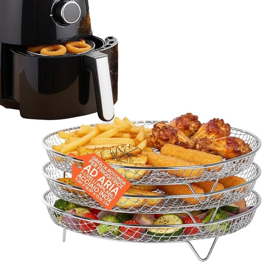 Grillrooster voor luchtfriteuse met 3 niveaus stapelbaar rond van roestvrij staal multifunctionele accessoires gemakkelijk te reinigen voor gelijkmatig en knapperig bakken