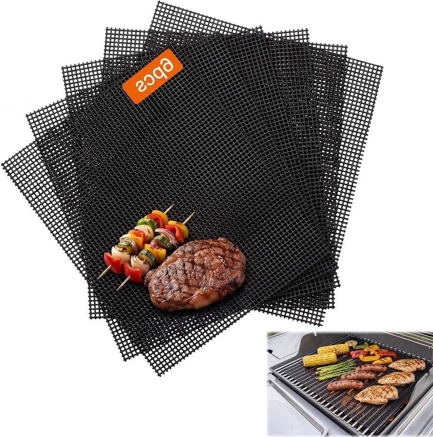 Grillroosters Anti-aanbak Grillmatten Herbruikbaar Lekker Grillen Hittebestendig tot 260°C 6 stuks 40x33cm Zwart