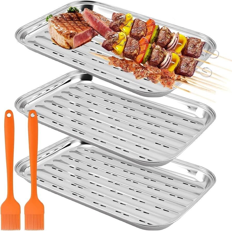 Grillschalen met Borstel Groentemand Grillmand Gezond Grillen Roestvrij Staal 345 x 24 x 2 cm Zilver