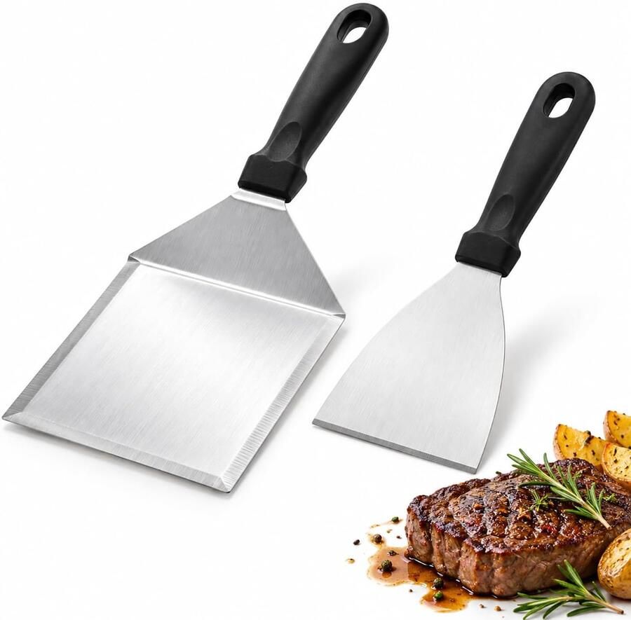 Grillspatel van roestvrij staal 2 stuks plancha-spatel met lange handgreep brede grillspatel keukenspatel hittebestendig plancha-spatel en grillspatel voor hamburgers steaks pizza grillen en