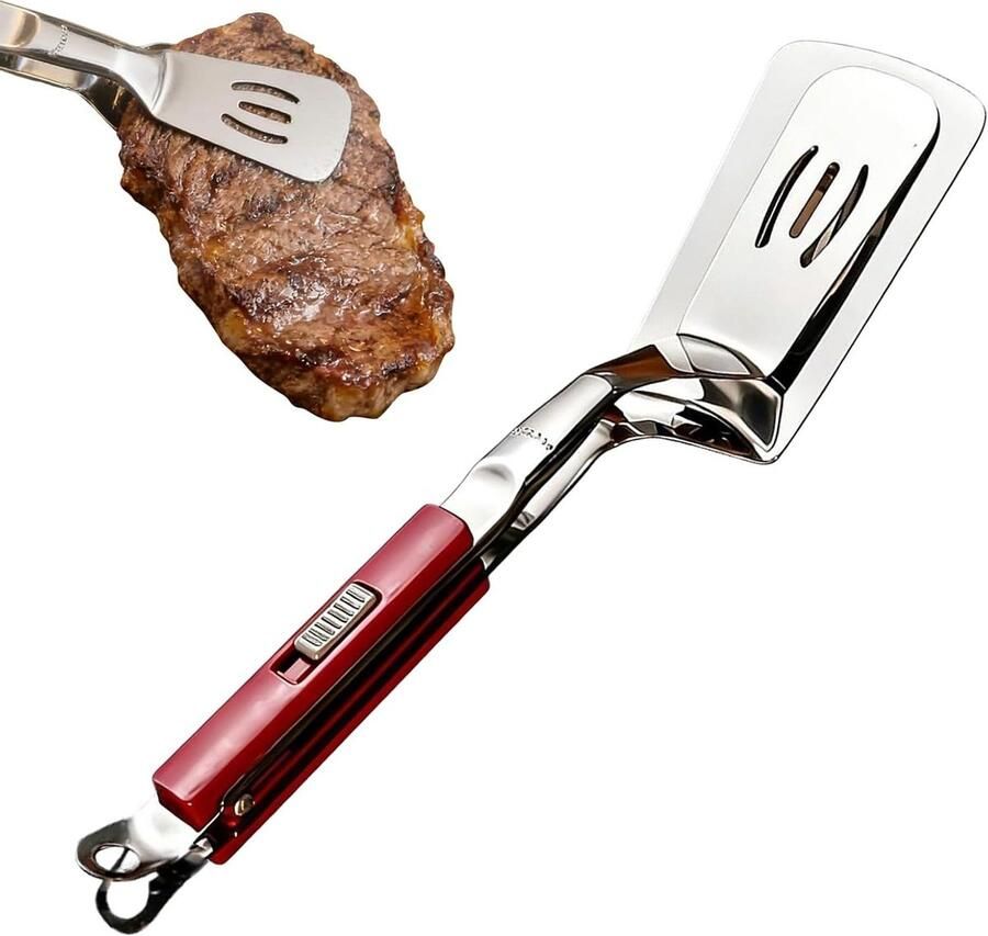 Grilltang met schep Voedsel spatula Koken en serveren Olie afvoerend ontwerp 29 cm lang Rood
