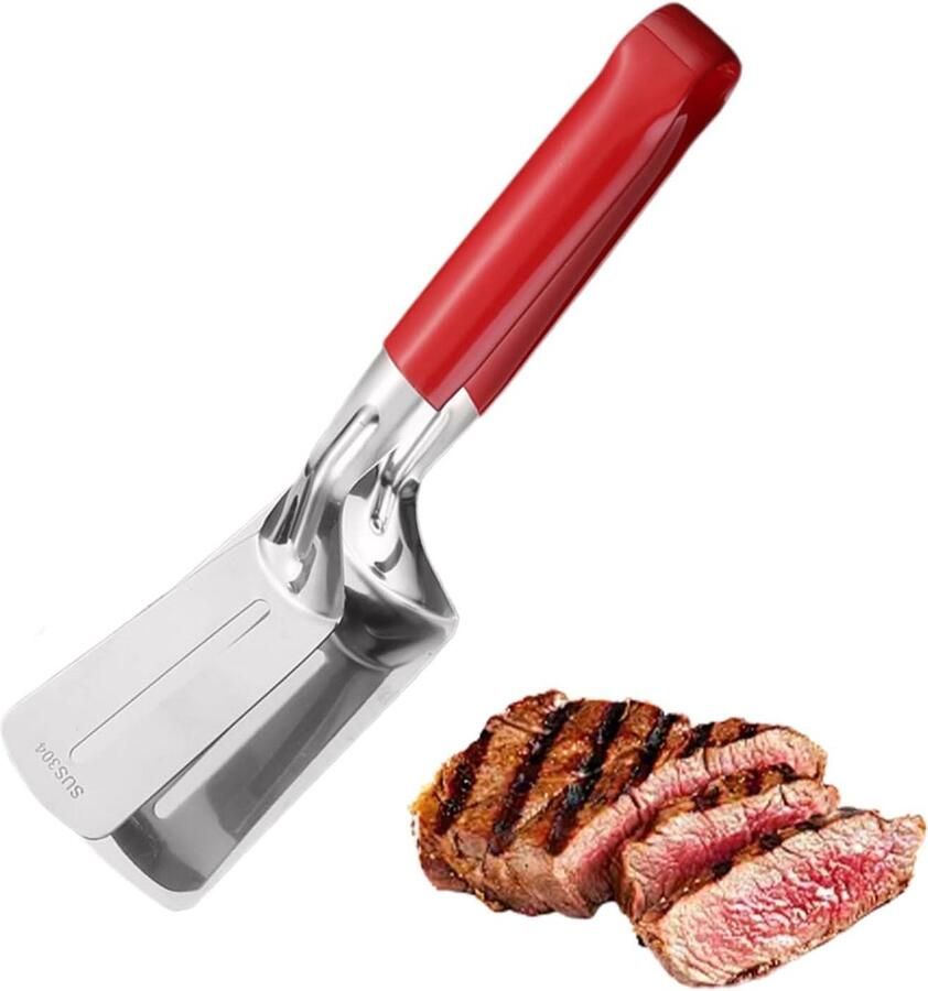 Grilltang met spatel Keukentang RVS Eten Omdraaien Hygiënisch anti-aanbak 30 cm Rood