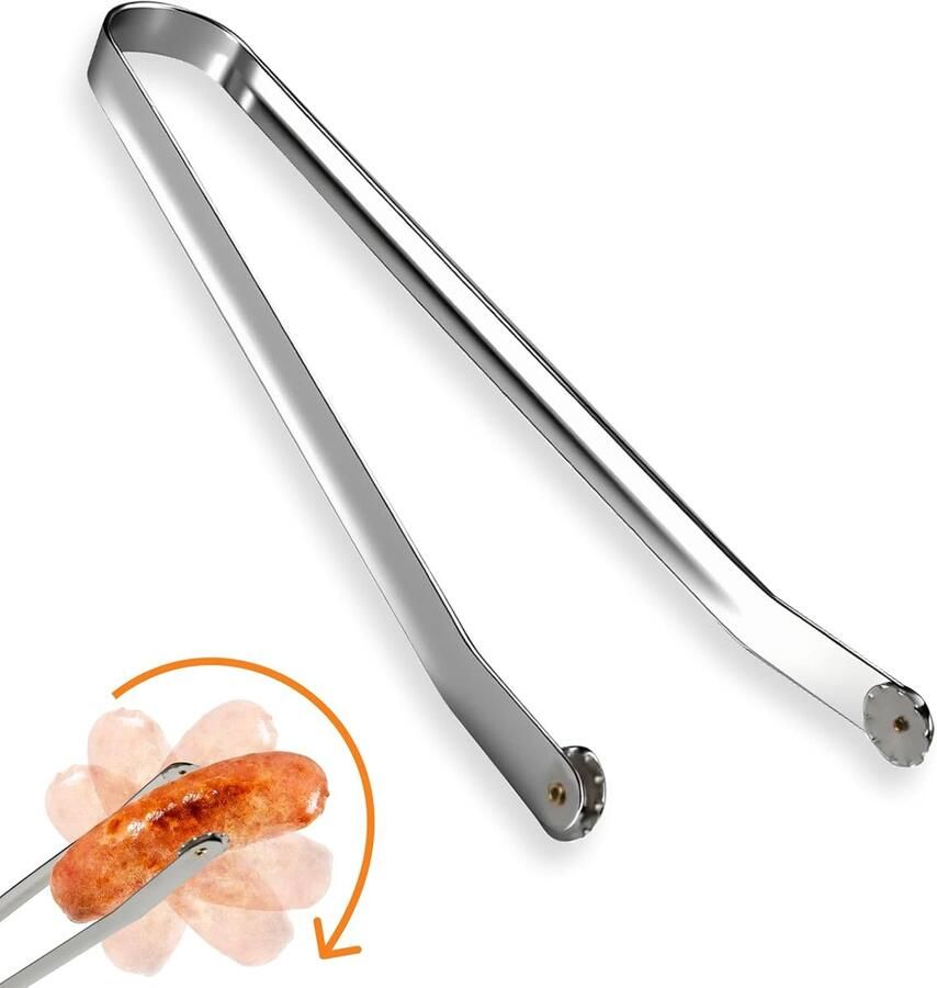 Grilltang met wieltje Worsttang roestvrij staal Worstjes omdraaien Dubbele draaibare wielen 36 cm lang Zilver