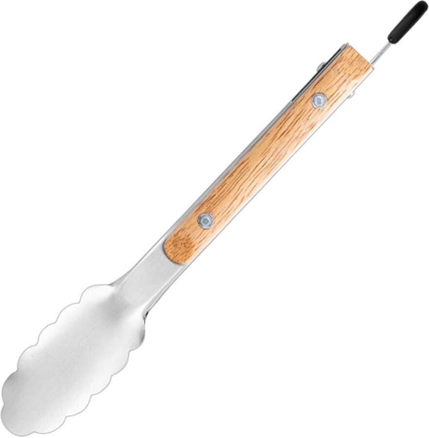 Grilltang Roestvrij Staal Serveertang Keuken Gelijkmatig Grillen Comfortabele Eikengreep 26.7 cm Zilver