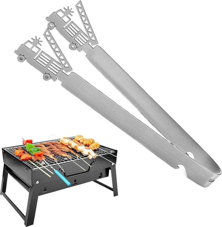 Grilltang Roestvrijstaal Barbecuetang Keukentang Grillen Koken Serveren Vaatwasmachinebestendig Brandweerdesign 29 cm Zilverkleurig