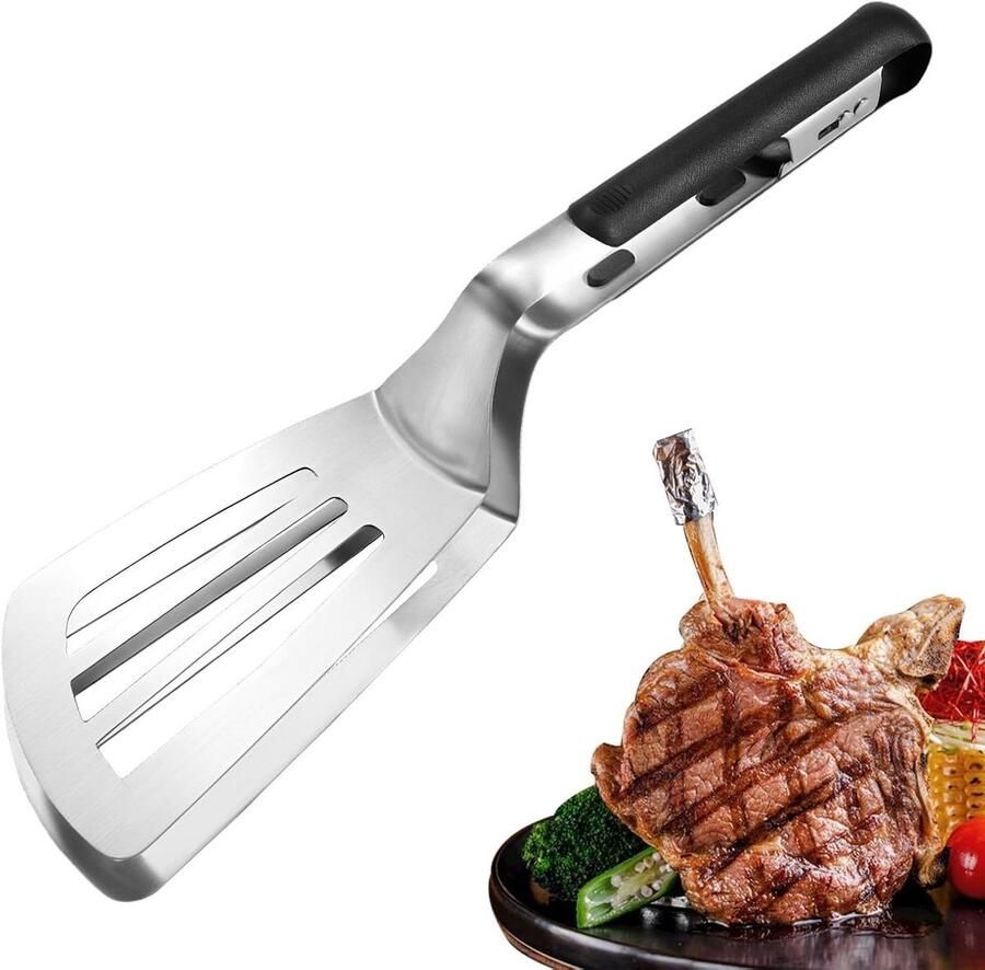 Grilltang Spatel Keuken Tang Barbecue Eten Dubbele Functie 33 cm Zilver