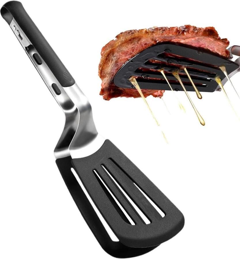 Grilltang Spatel Keukentang Klem Koken Grillen Olie Afvoer Gleuven 35 cm Zwart