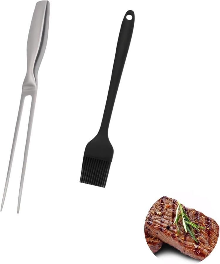 Grillvork van roestvrij staal grillvork met handgreep roestvrij staal vleesvork trancheervork met ergonomische professionele vleesvork 27 cm inclusief borstel