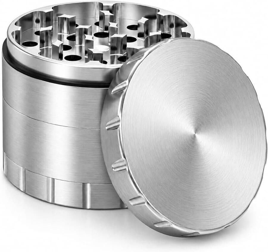 Grinder Premium Crusher 4-delig Stalen kruidenmolen Ø 63 mm incl. beschermtas met ritssluiting pollenschraper borstel en mondstuk