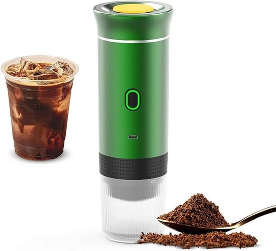 Groene draadloze koffiemachine voor in de auto thuis en op reis 3-in-1 elektrische koffiemachine geschikt voor capsules of gemalen koffie mini-koffiemachine (15 bar) voor koud brouwen en warm koffiezetten kopjes met een inhoud van 15 ml