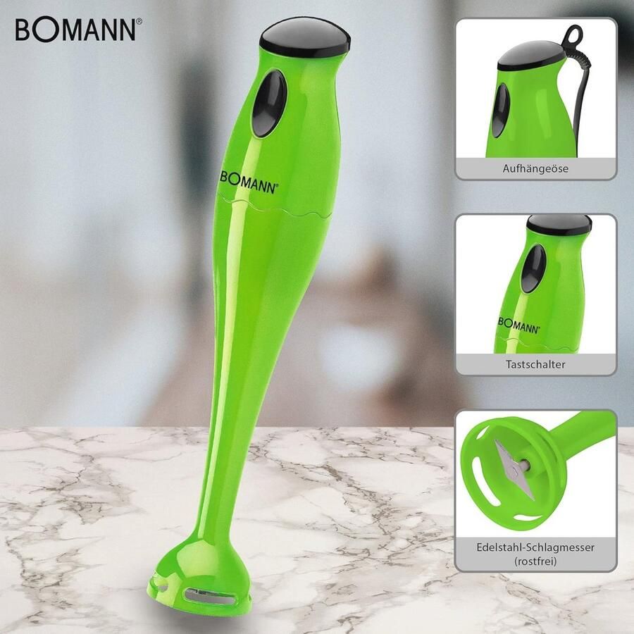 Groene staafmixer met krachtige motor en roestvrijstalen mes