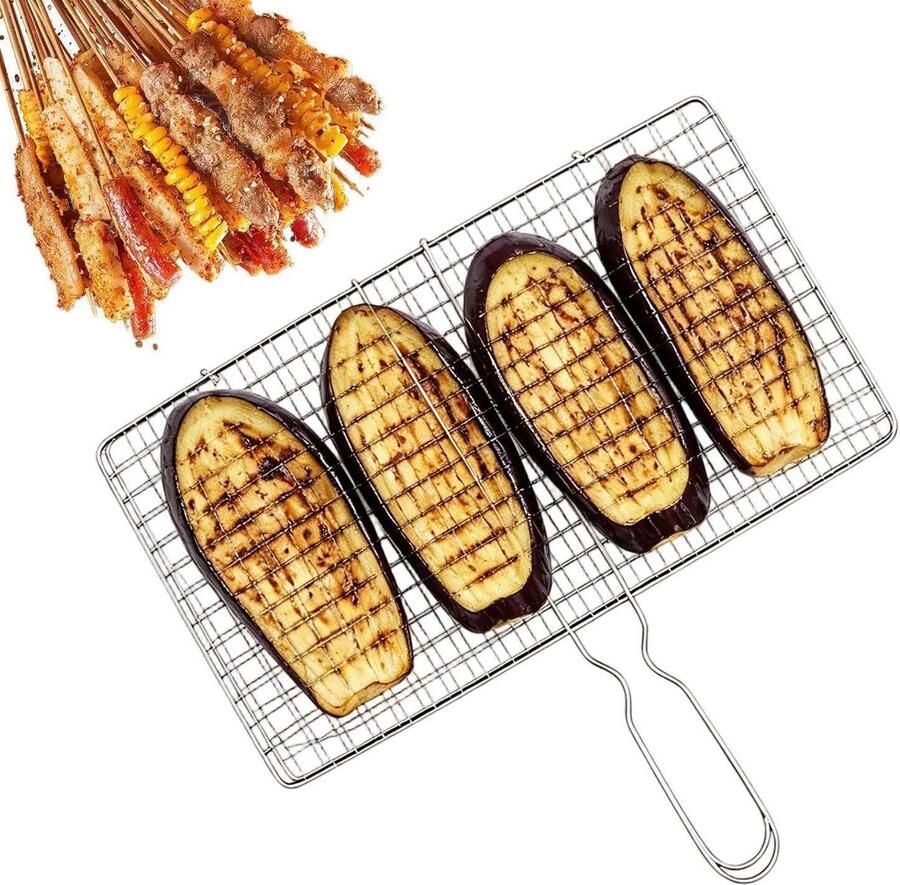 Groentegrillmand Barbecue mand Buiten koken Antiaanbak gaas 34x19cm Zilver