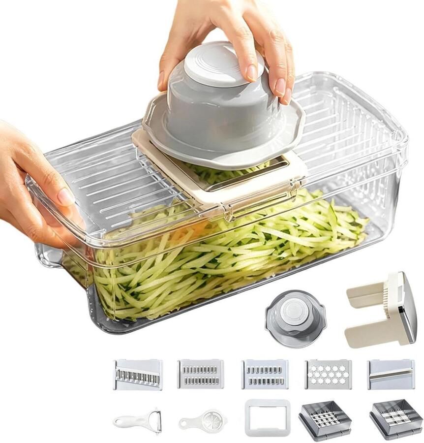 Groentehakker met Bak Keuken Snijmachine Maaltijd Voorbereiden Inclusief Afvoermand 30 x 15 x 10 cm Transparant