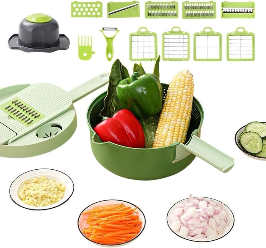Groentehakker Snijder Keukenmachine Set Maaltijd Voorbereiden 16-in-1 Systeem 20x20x13 cm Grijs