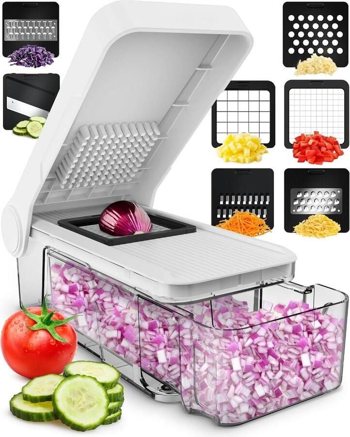 Groentehakselaar Groentesnijder Mandoline Snijmachine Veggie Ui Salade Voedsel Chopper en Dicer Handleiding Keukengereedschap & Gadgets (7-in-1 Compact Wit)