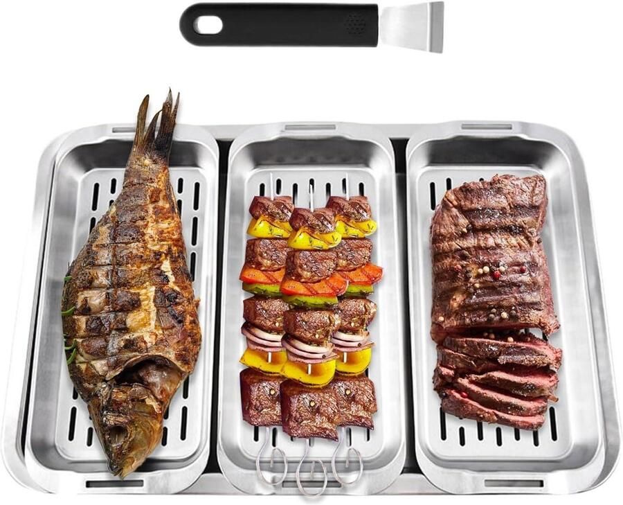Groentemand Grill Grillmand Rechthoekig Barbecue Groenten Roestvrij Staal 43 x 29 x 5.5 cm Zilver
