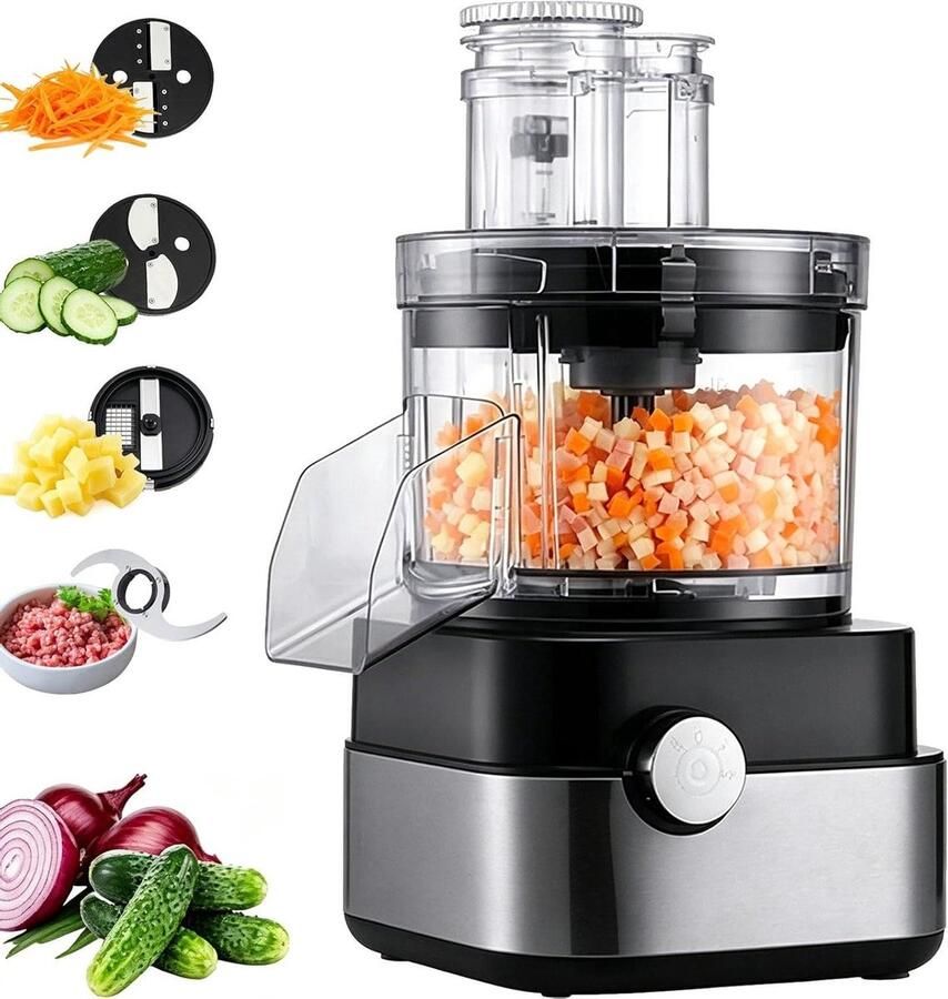 Groentesnijder Keukenmachine Keukenapparaat Raspen Snel Ingrediënten Bereiden 5-in-1 Functies 5 Liter Inhoud Zilver