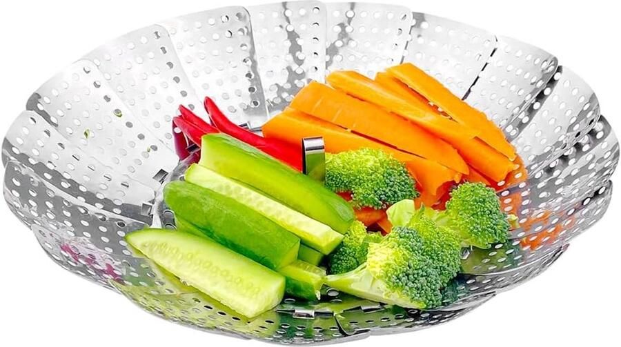 Groentestomer met stoominzet Stoommand voor groenten Gezond Koken Roestvrij staal vaatwasmachinebestendig Ø 14-23.5 cm Zilver