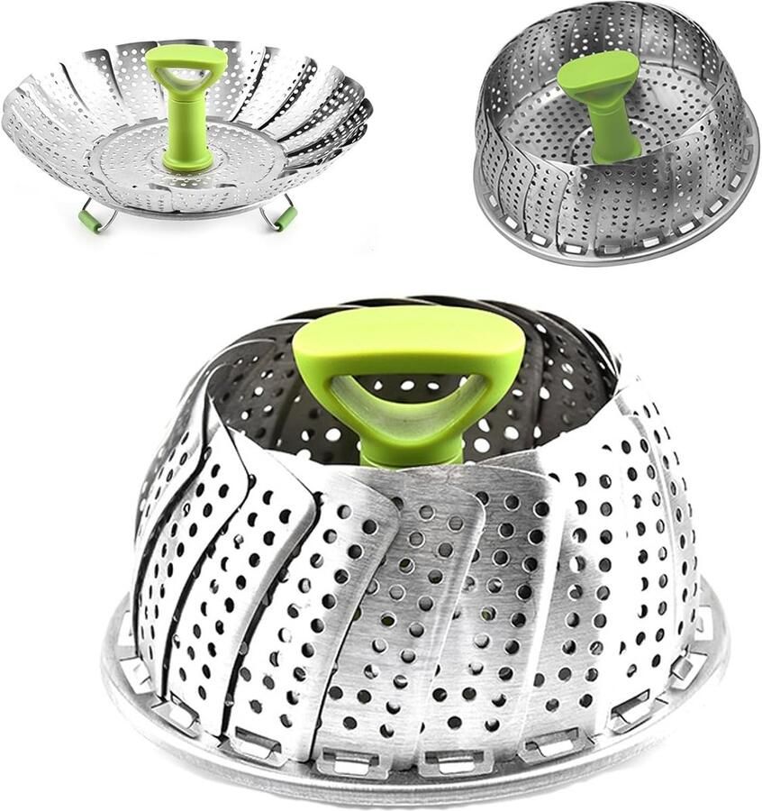 Groentestomer Roestvrij staal Stoominzet Opvouwbaar Gezond Koken Hittebestendige Handgreep 13.8 x 22 cm Groen