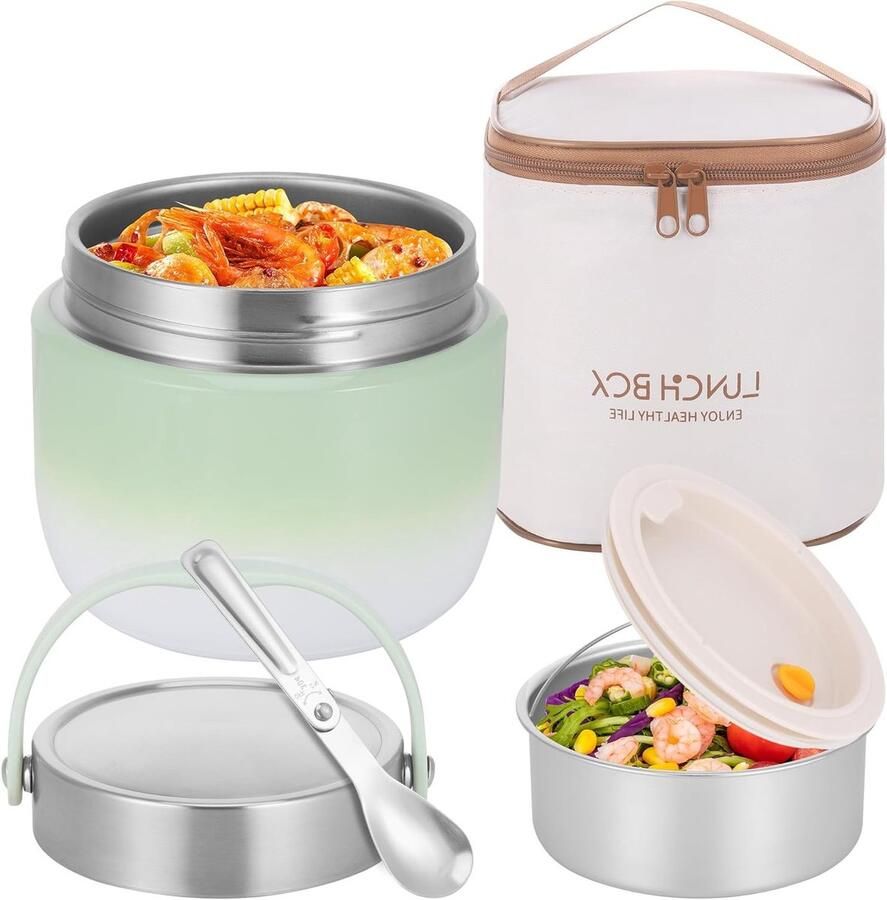 Grote 1200ML Isolerende Voedselcontainer van RVS met Dubbele Wand Lekvrije Soepfles en Opvouwbare Lepel Ideaal voor Warm en Koud Eten