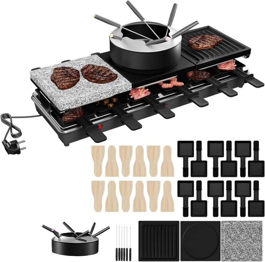 Grote 3-in-1 Raclette Grill en Fondueset voor 12 Personen met Steenplaat en Crêpeplaat