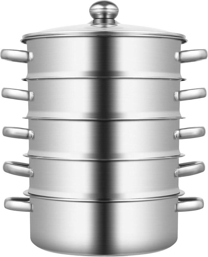Grote 5-Laags Stoompan van Roestvrij Staal met Glazen Deksel 24 cm voor Alle Fornuizen