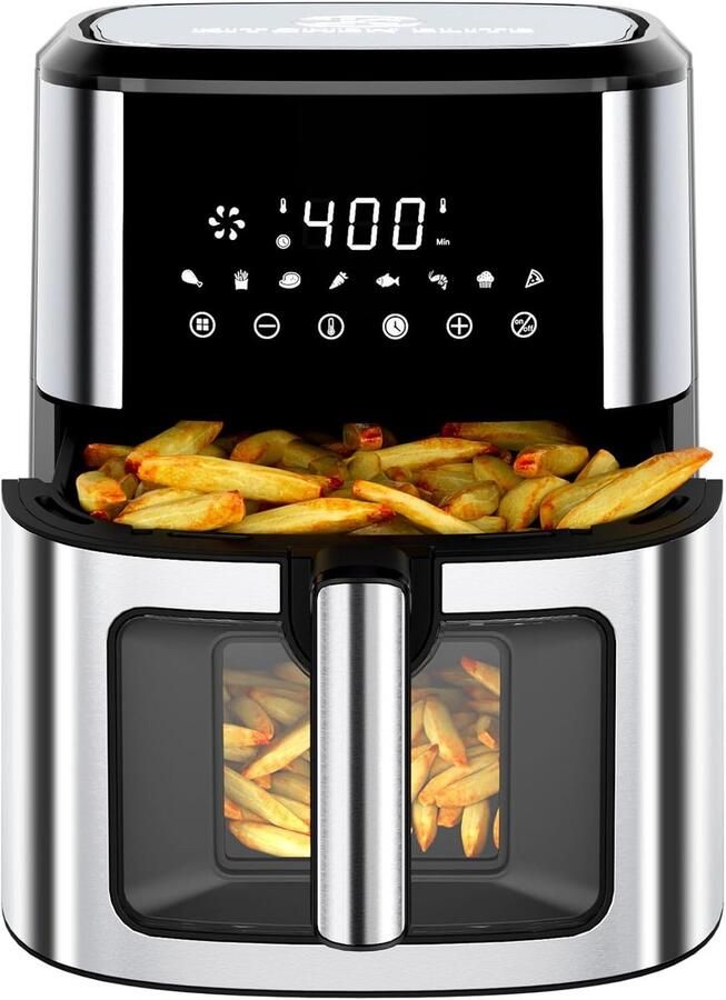 Grote Airfryer RVS met Kijkvenster 8.5L XL & 8 in 1 Digitaal Hoge Temperatuur tot 200°C