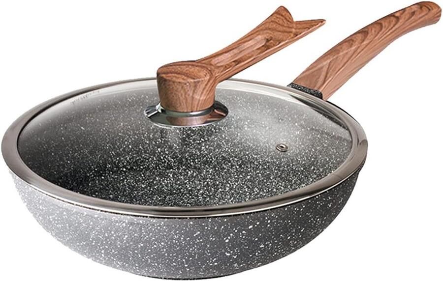 Grote antiaanbakwok Koekenpan met deksel Universeel koken Maifan steen coating 32 cm diameter Zwart