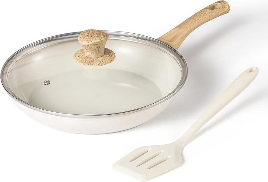Grote Braadpan 28 cm Beige met Antiaanbaklaag en Deksel Geschikt voor Alle Warmtebronnen