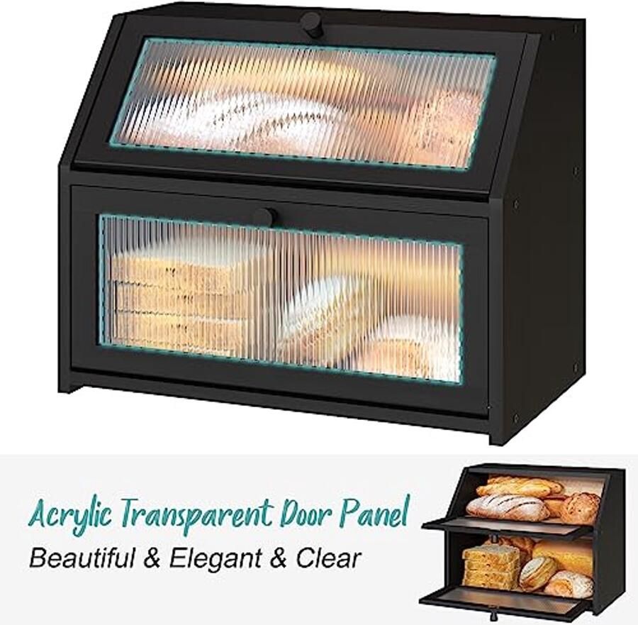 Grote broodtrommel voor aanrecht dubbellaags bamboe houten broodopbergbak met acryl deurpaneel