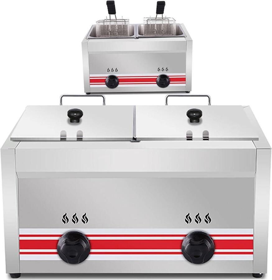 Grote capaciteit gasfriteuse voor restaurant en thuiskeuken 30L dubbele tank friteuse met roestvrijstalen mand multifunctioneel en dubbele cilinder