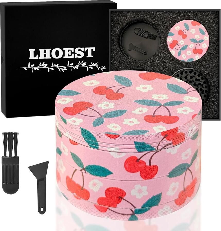 Grote Crusher 63 mm kruidenmolen met schraper en plastic borstel grinders 4 lagen kersendesign pollen grinder metaal 4-delige set voor specerijen roze